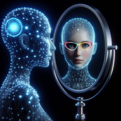 KI-Frau im Spiegel mit Brille 1